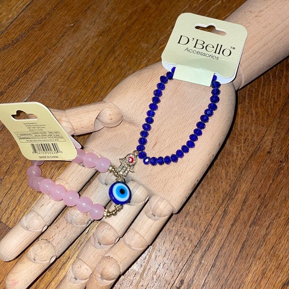 •D'BELLO•NWT PINK & BLUE BUNDLE OF 2- BOHO STACK HAMAS EVIL EYE BEADED BRACELETS - Picture 8 of 9